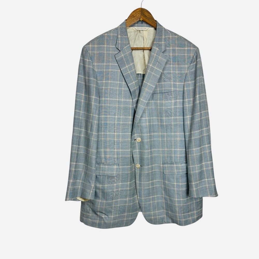 George Bass Ermenegildo Zegna Silk & Linen Blue Gray Plaid Blazer 45R
